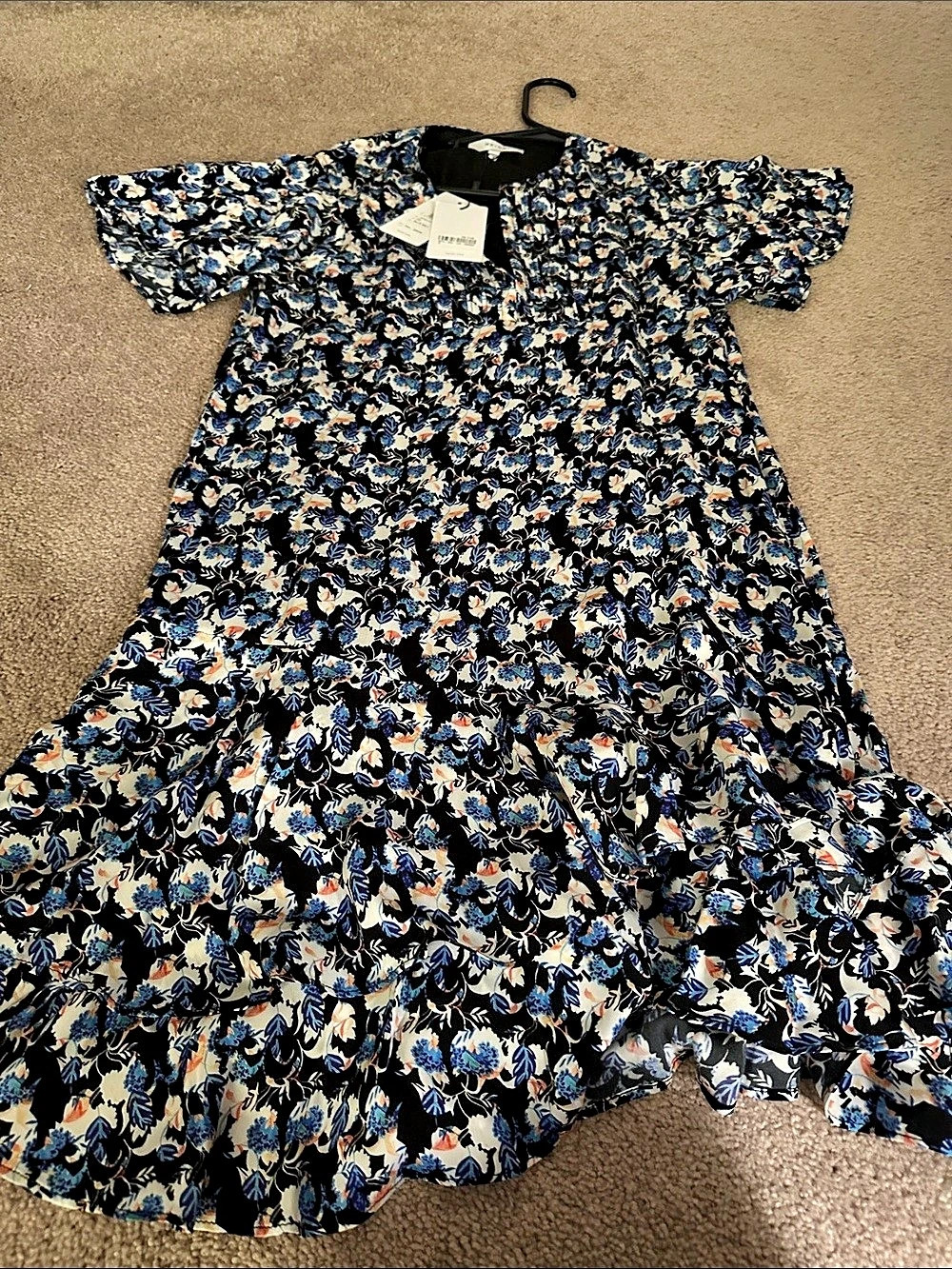 Reiss Lulu Blue Ditsy Floral Flippy Dress Midi Black & Blue Medium